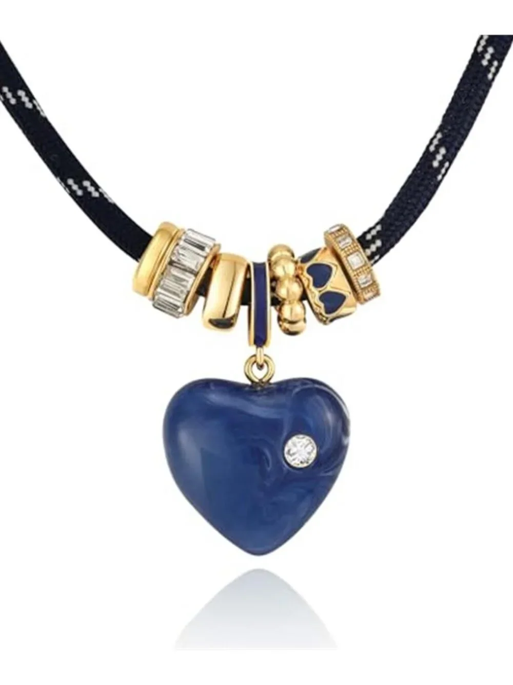 Black Woven Cord Choker Navy Blue Heart Pendant Boho Necklace for Women